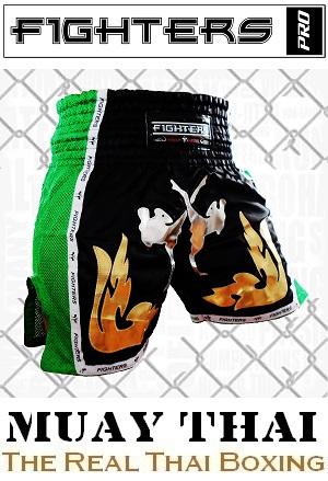 FIGHTERS - Pantalones Muay Thai / Elite Fighters / Negro-Verde / XS