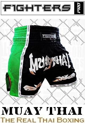 FIGHTERS - Pantalones Muay Thai / Elite Muay Thai / Negro-Verde / XXL