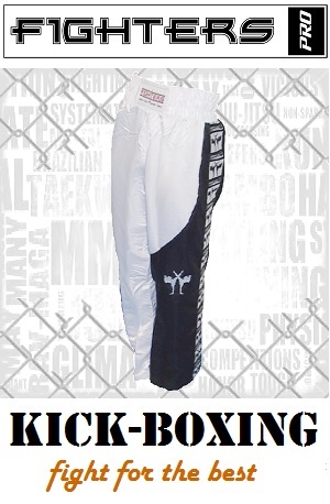 FIGHTERS - Pantaloni da Kickboxing / Raso / Bianco-Nero / XXS
